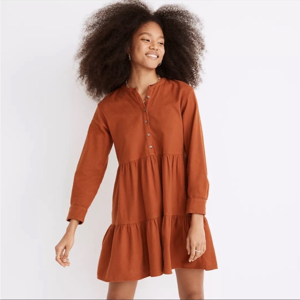Madewell flannel button placket tiered midi dress warm nutmeg ND158 Sz M
